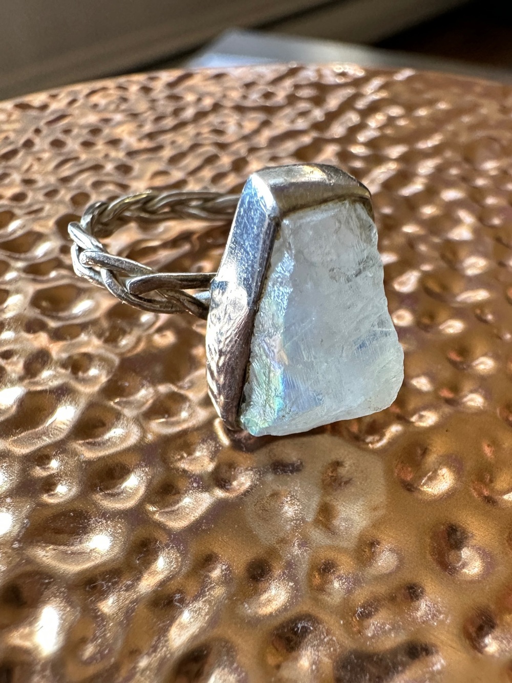 Moonstone Raw Gemstone Ring in Iridescent White - Braided Band